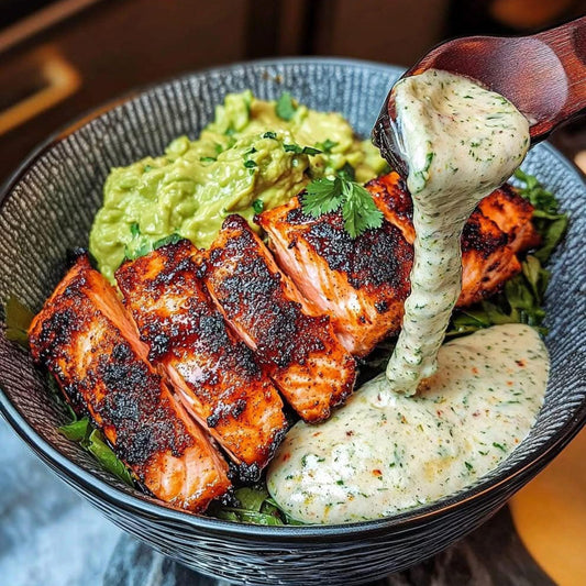 Spicy Blackened Salmon Bowl with Avocado Cilantro Sauce