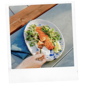 Polaroid image of salmon dinner